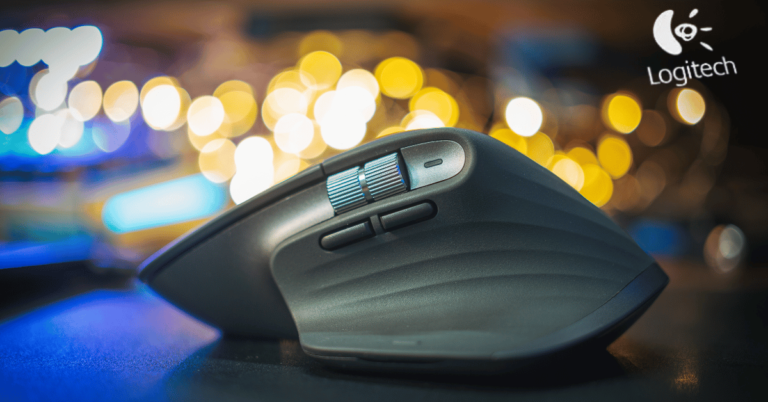 Logitech ergonomic wireless mouse with a sleek design and bokeh background.