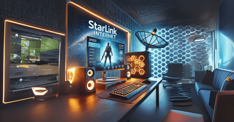 A futuristic gaming setup with a Starlink internet connection.