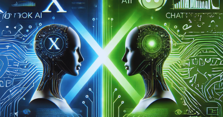 A split image featuring two facing human head silhouettes filled with digital circuitry; blue with "X" on the left (Grok), green with a speech bubble on the right (ChatGPT). The image represents a visual comparison of two AI models, with a background of binary code and glowing lines.