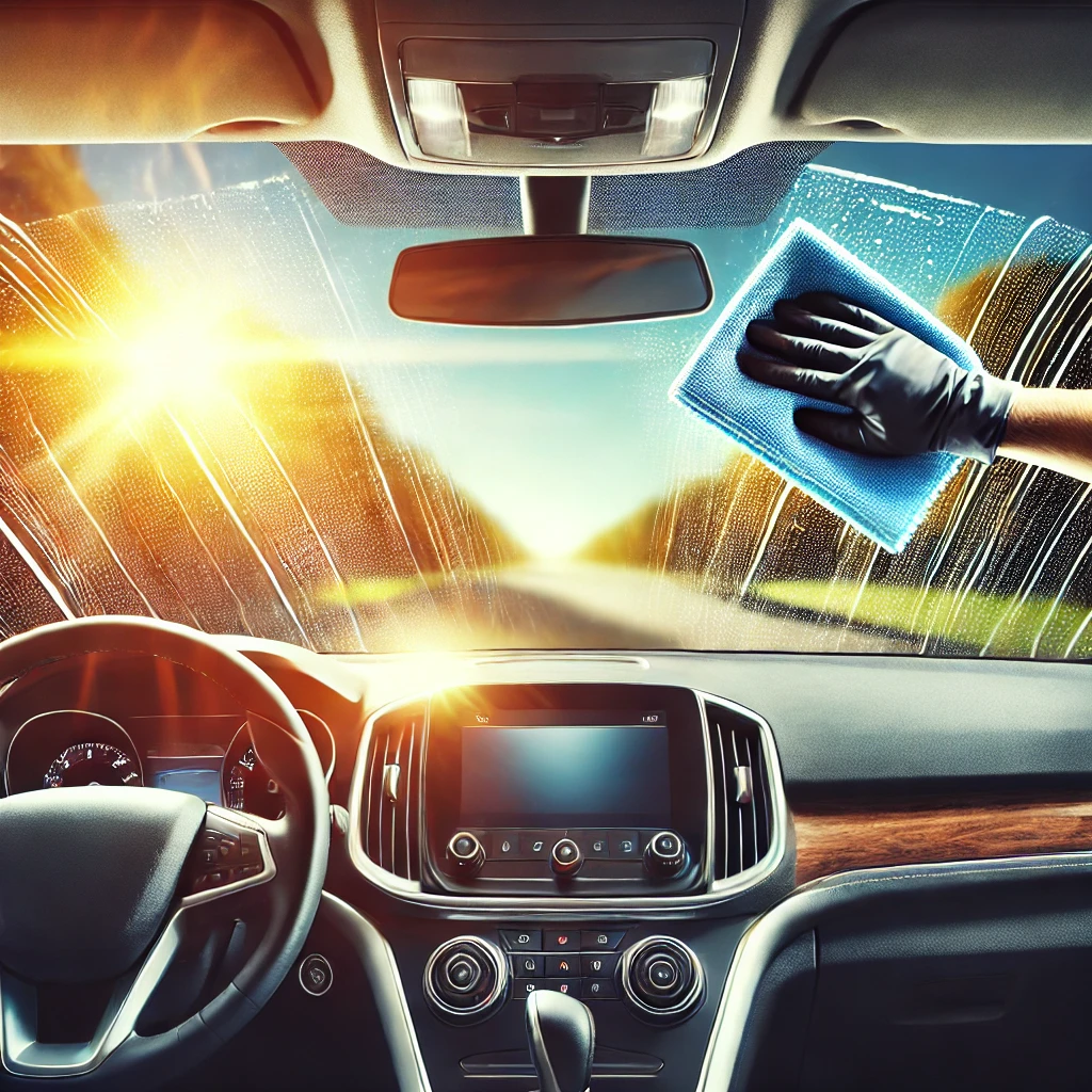 A person cleaning the inside of a car windshield with a microfiber cloth