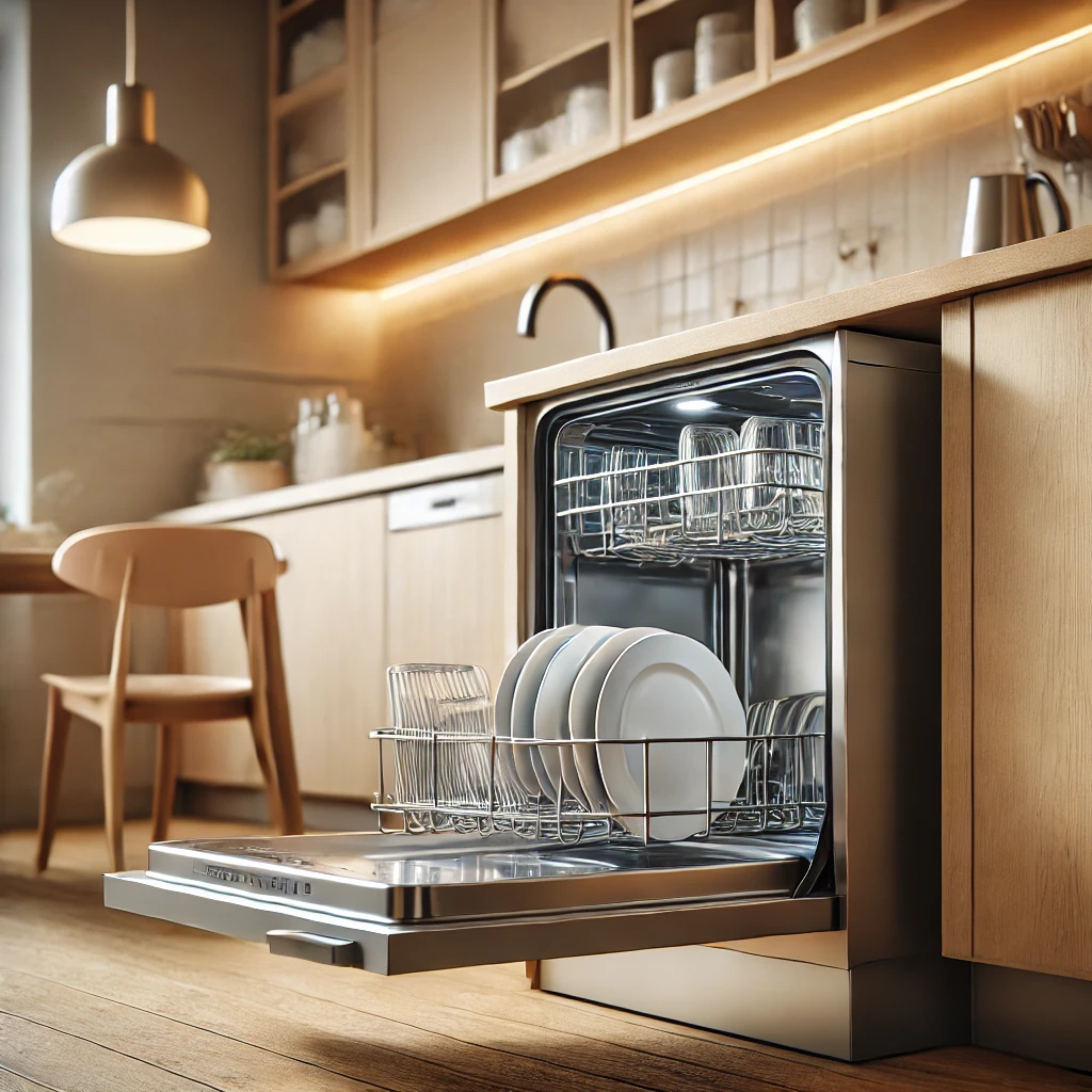 A modern stainless steel dishwasher slightly open, showcasing clean dishes in a sleek contemporary kitchen.